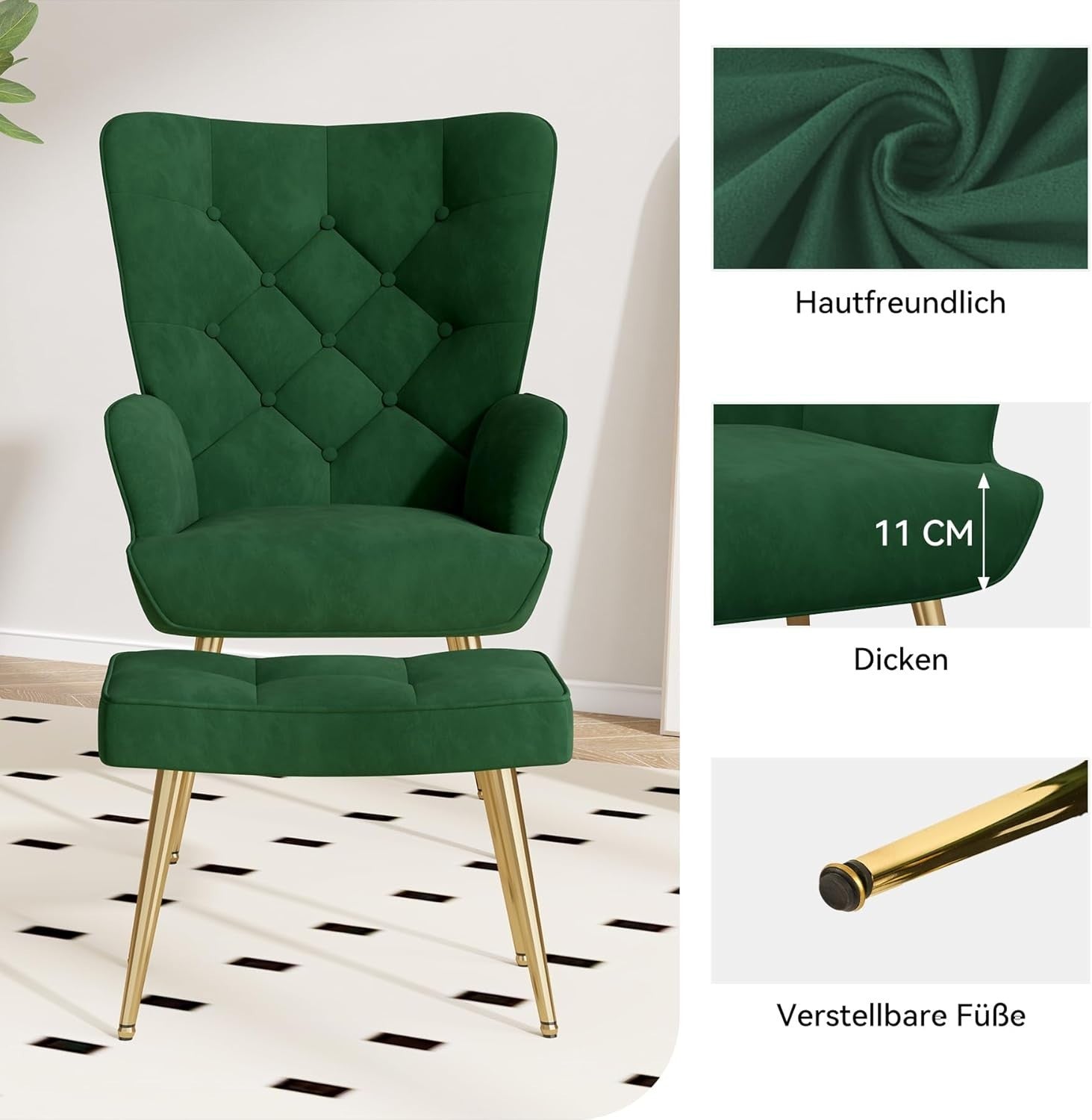 Velvet Wingback Chair & Footstool Set High Back Gold Legs Lounge Green