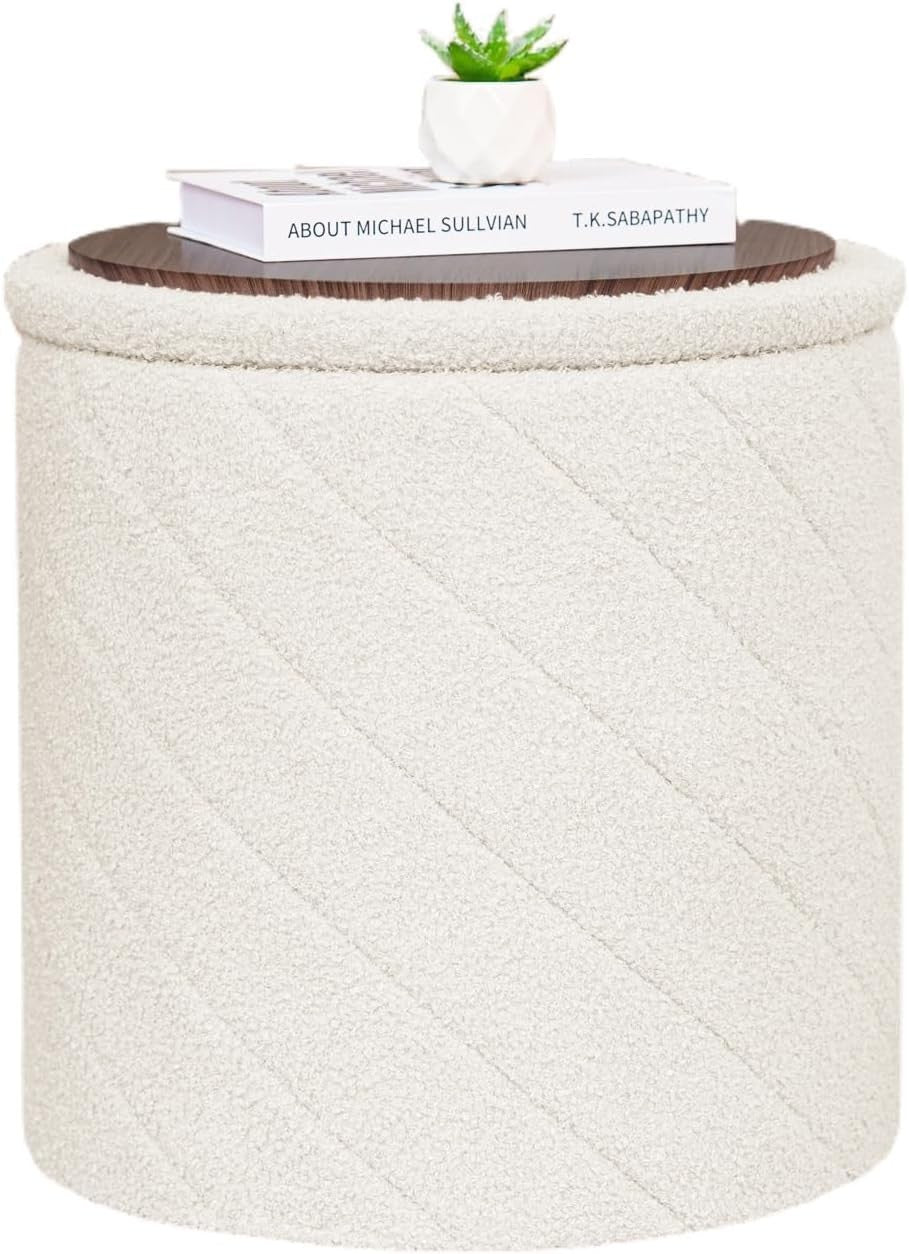 White Boucle Storage Ottoman Round Folding Stool with Tray-Top Footrest