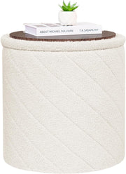 White Boucle Storage Ottoman Round Folding Stool with Tray-Top Footrest