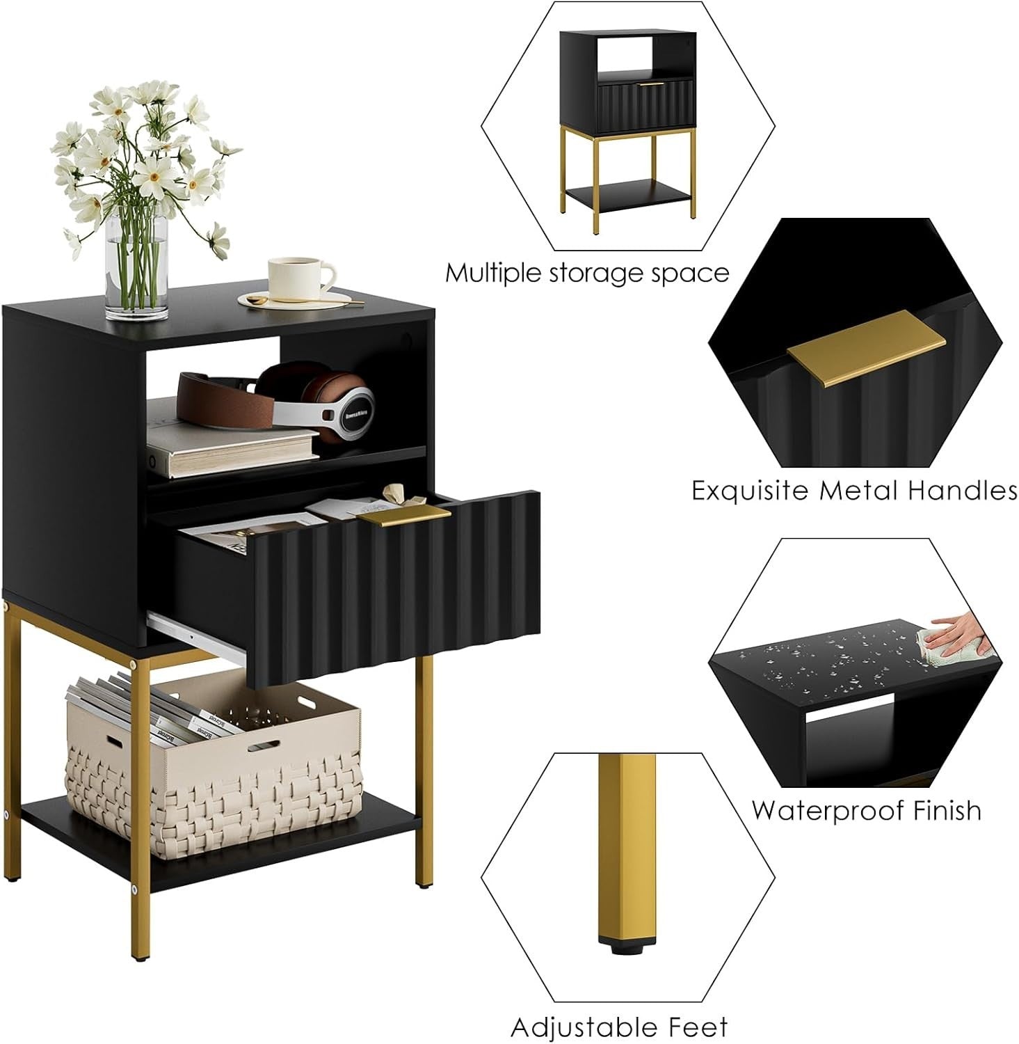 Modern Black Bedside Table with Gold Frame – 3-Tier Storage Nightstand