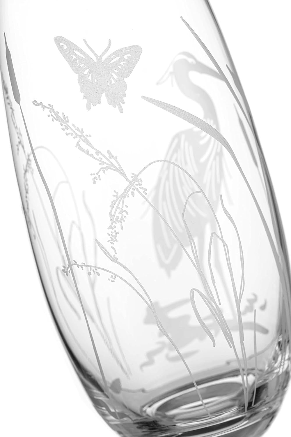 Crystal Glass Flower Vase 25cm Tall Etched Heron Bird Modern Home Décor