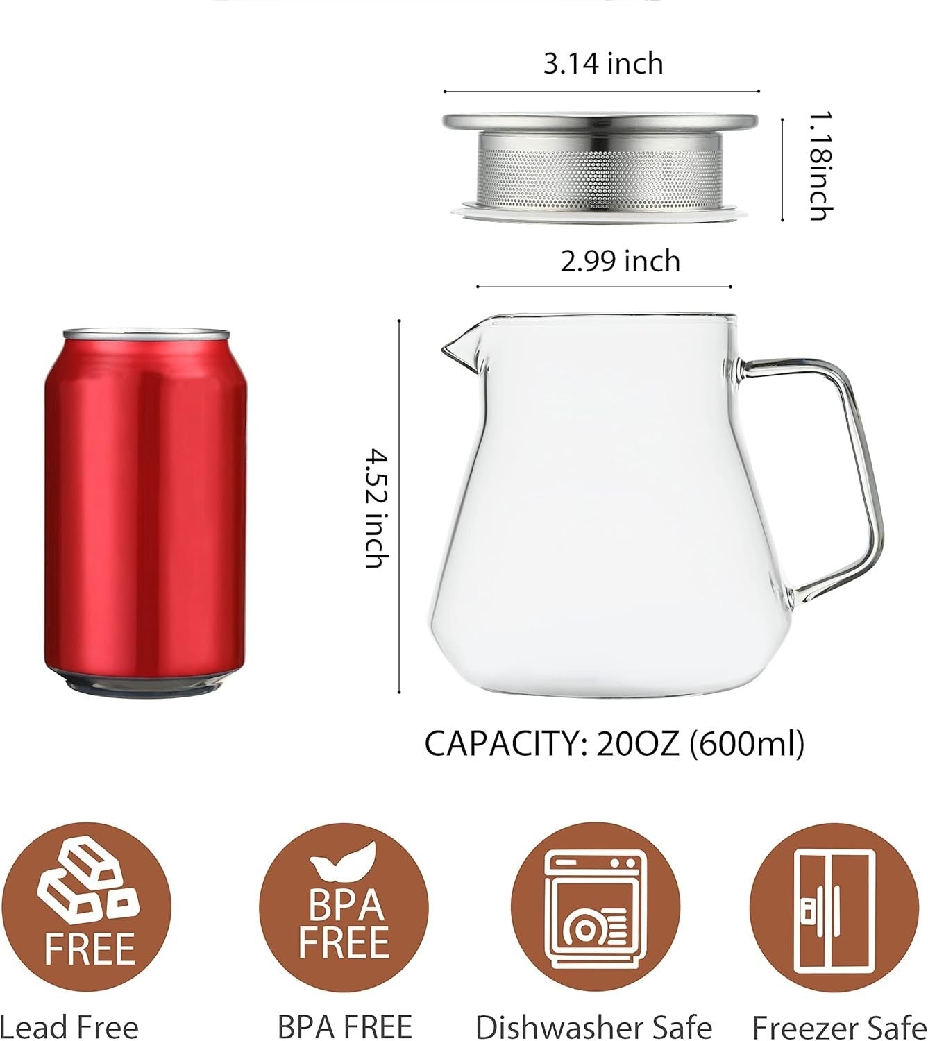 Glass Teapot 600ml Stovetop Safe Tea Pot w/ Stainless Steel Filter Lid
