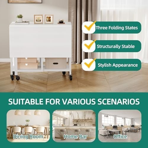 White Folding Dining Table Drop Leaf with Storage 120cm