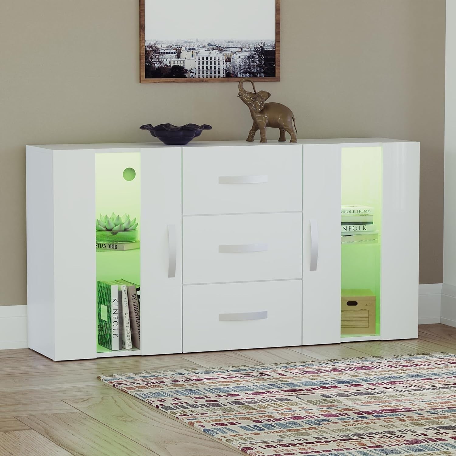 White LED Sideboard Cabinet RGB Lights 2 Door 3 Drawer Storage Unit**