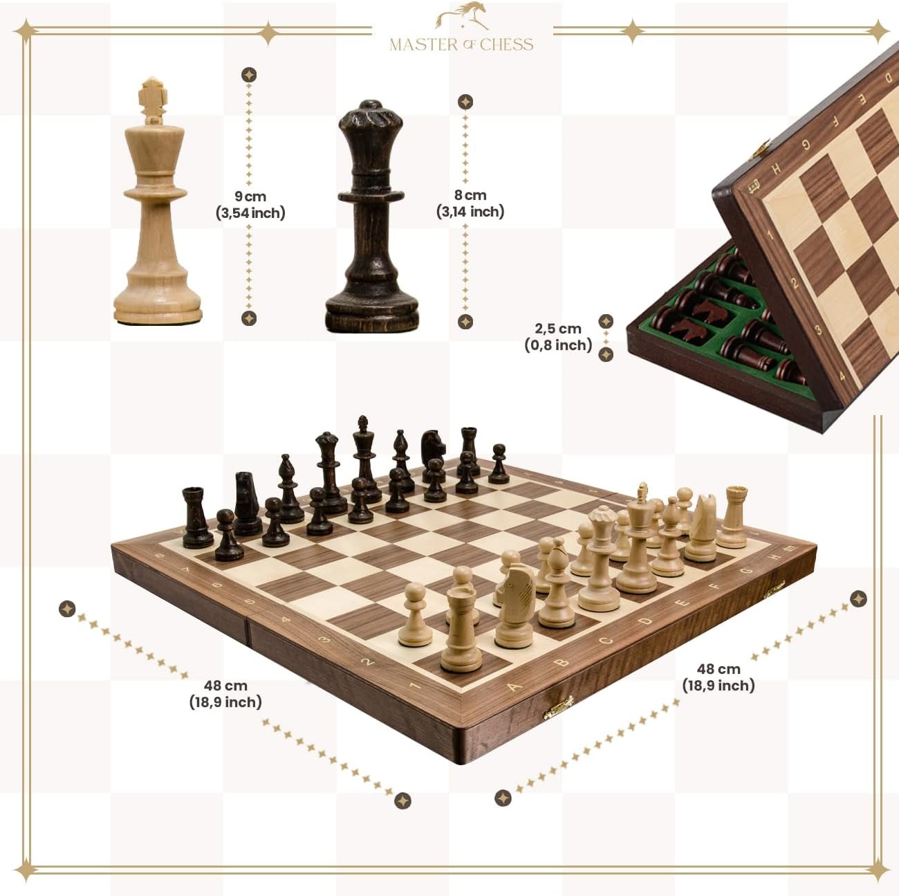 48cm Tournament Wooden Chess Set – Weighted Staunton No.5 Pieces & Folding Board