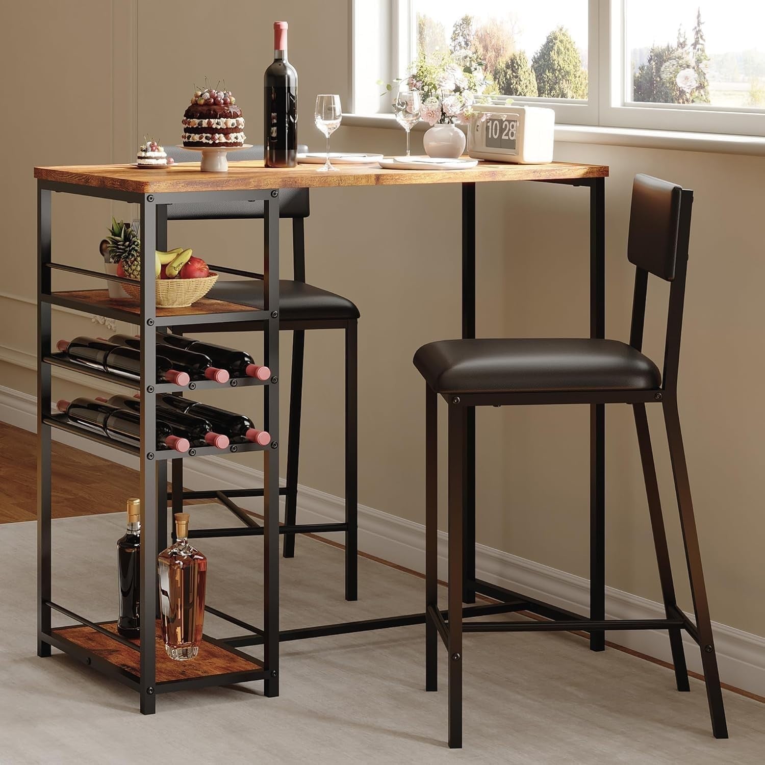 3-Piece Bar Table Set with Wine Racks and 2 Stools Metal Frame Dining Set