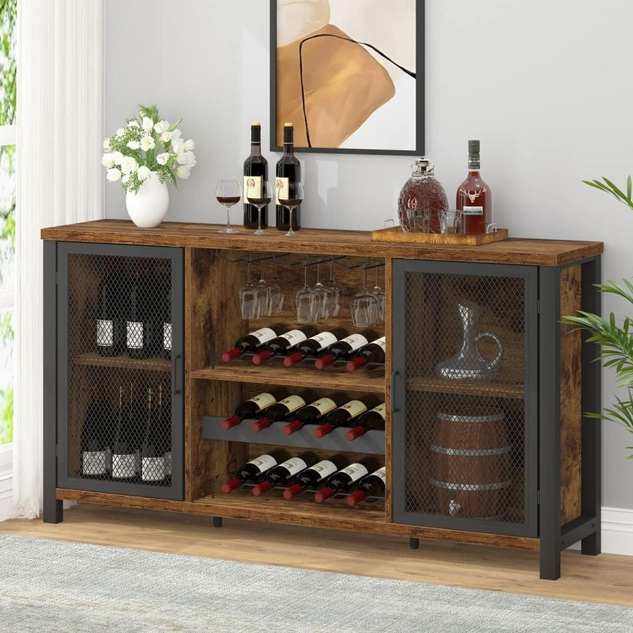 Rustic Farmhouse Wine Bar Cabinet Sideboard with Wine Rack & Glass Storage 140cm