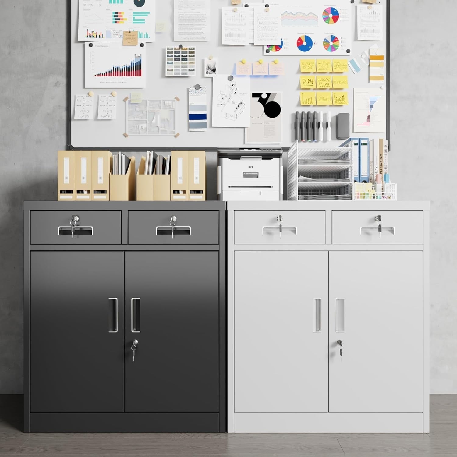 White Metal Storage Cabinet with Shelves & Doors – 92cm Tall Office Cupboard