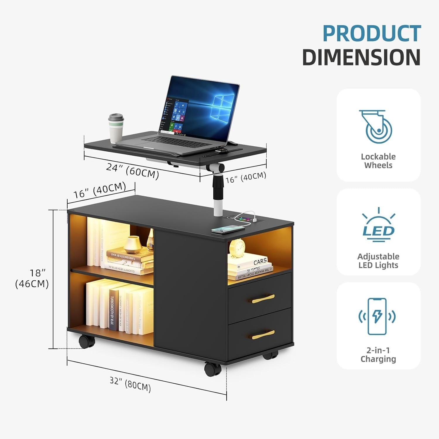 360° LED Smart Bedside Table with Laptop Tray, Wireless Charging & Storage