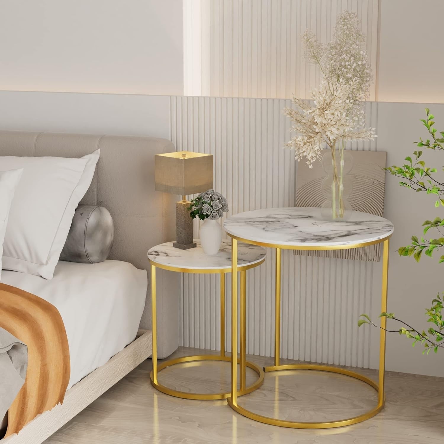 Gold Faux Marble Nesting Coffee Table Set 2 Round End Side Tables Storage
