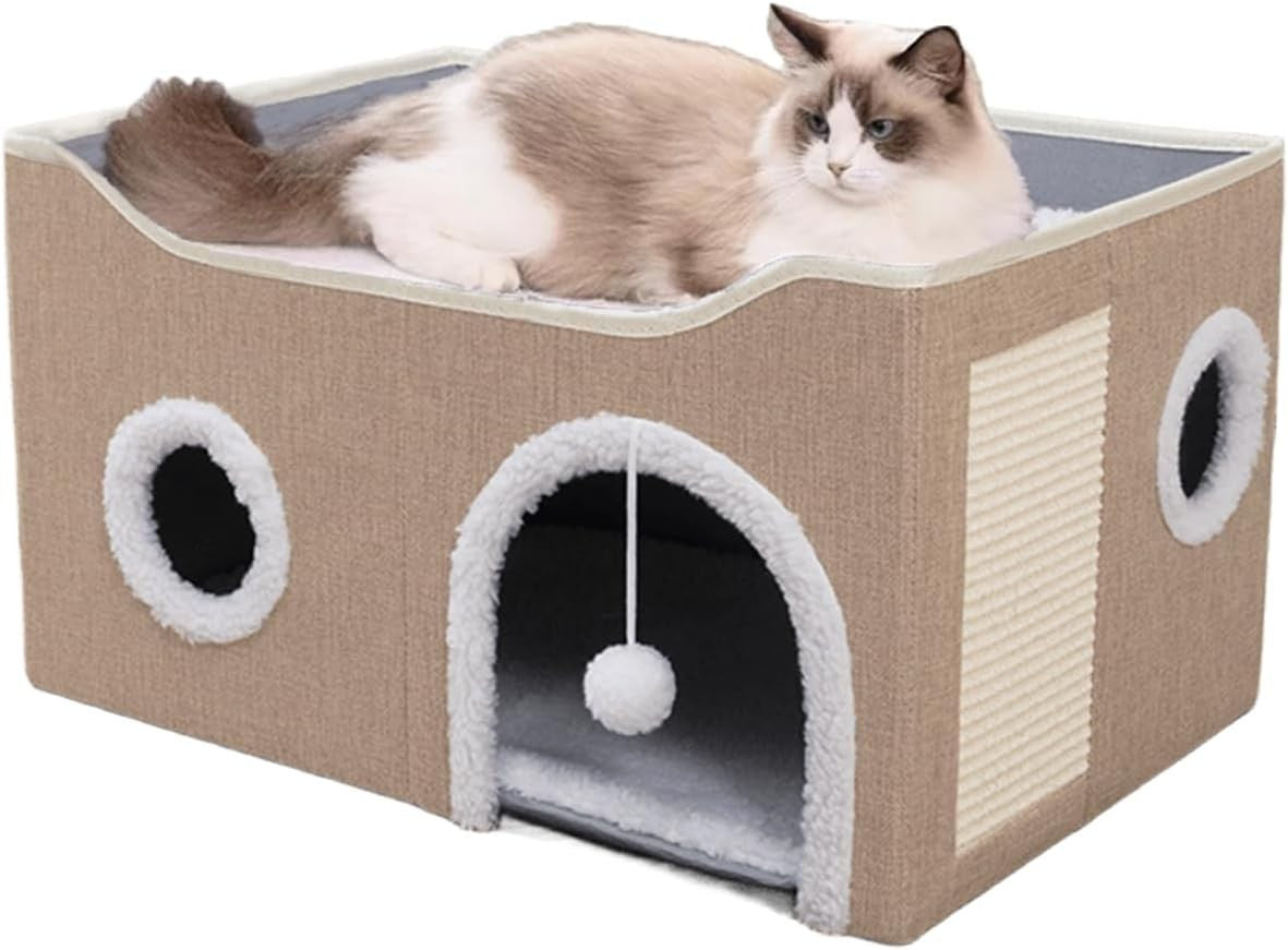 Foldable Cat House Cave Bed 2 Tier Cat Condo w Scratch Board Khaki