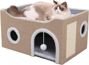 Foldable Cat House Cave Bed 2 Tier Cat Condo w Scratch Board Khaki