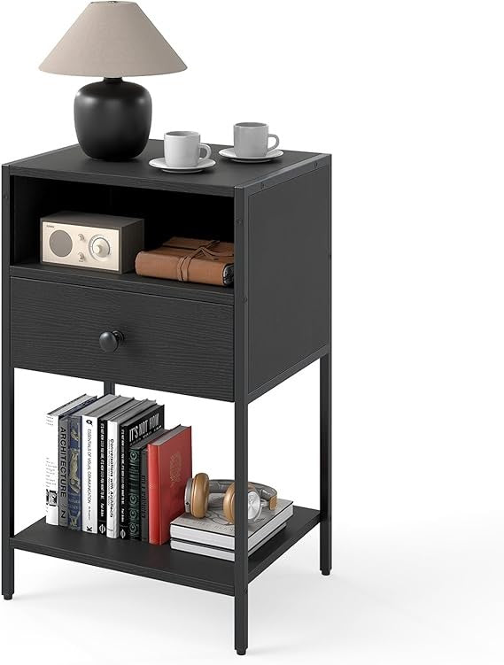Industrial Bedside Table with Drawer & Shelf, Metal Frame Small Nightstand