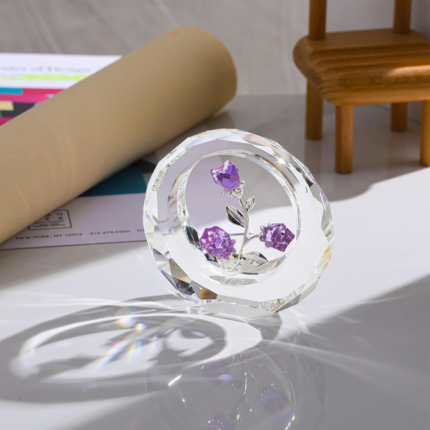Crystal Purple Rose Ornament • Faceted Glass Flower Bouquet Gift for Women