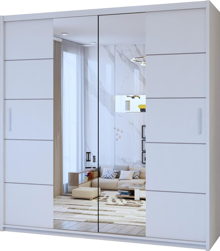 White Sliding Mirror Wardrobe 203cm Modern Storage Closet Bedroom