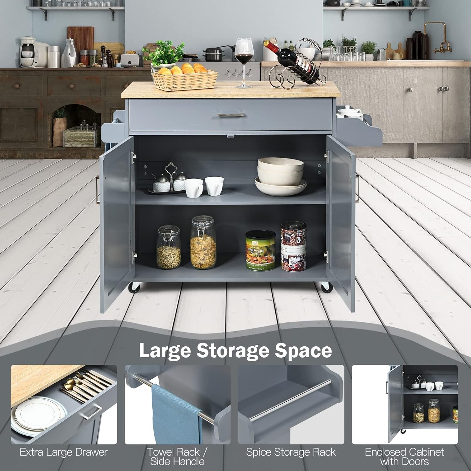 Rolling Kitchen Island Cart with Storage Cabinet, Drawer & Adjustable Shelf, Loc