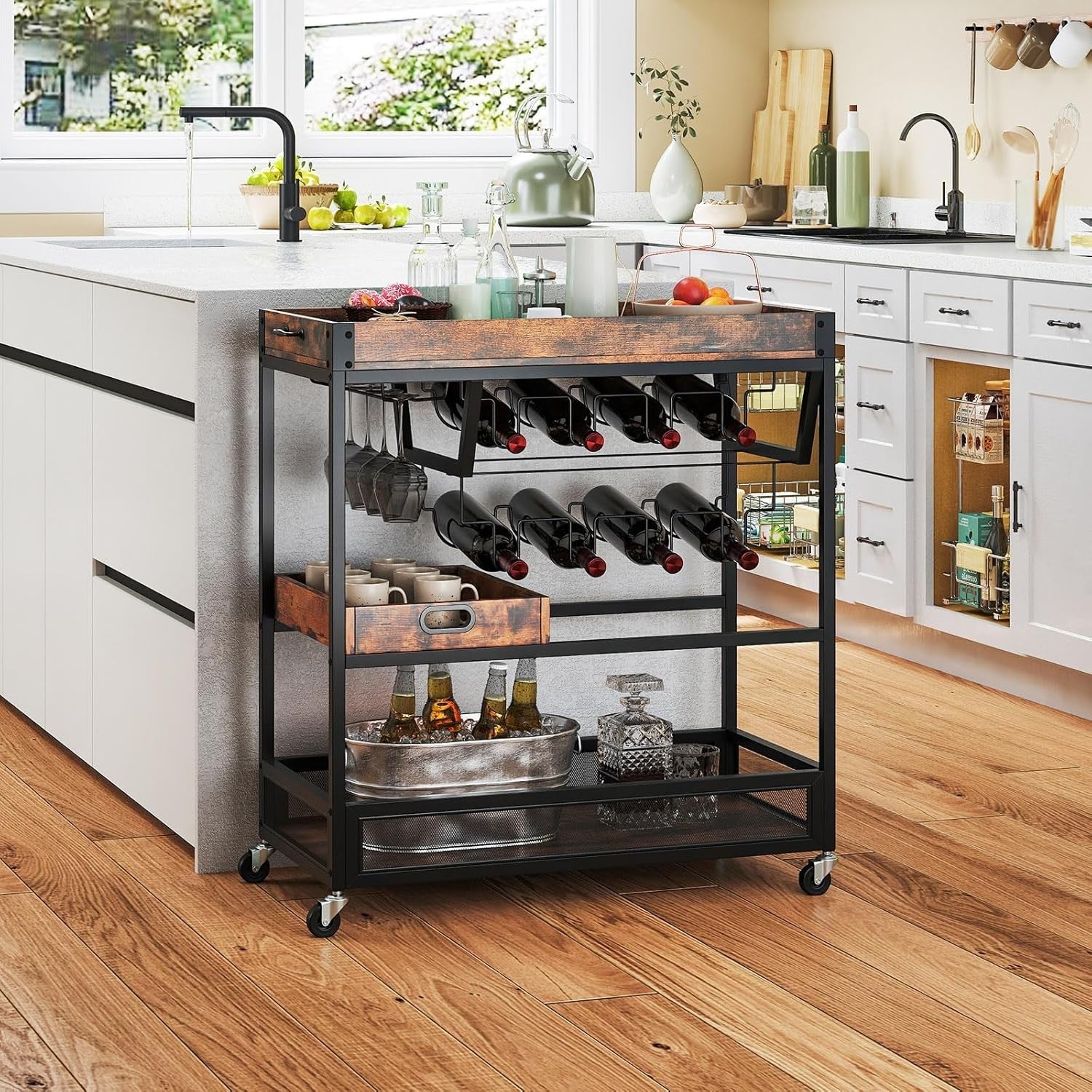 3 Tier Serving Trolley Bar Cart on Wheels with Wine Rack Glass Holder Tray