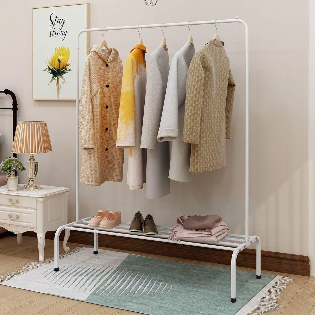 White Metal Clothes Rail with Shelf Heavy Duty Garment Rack