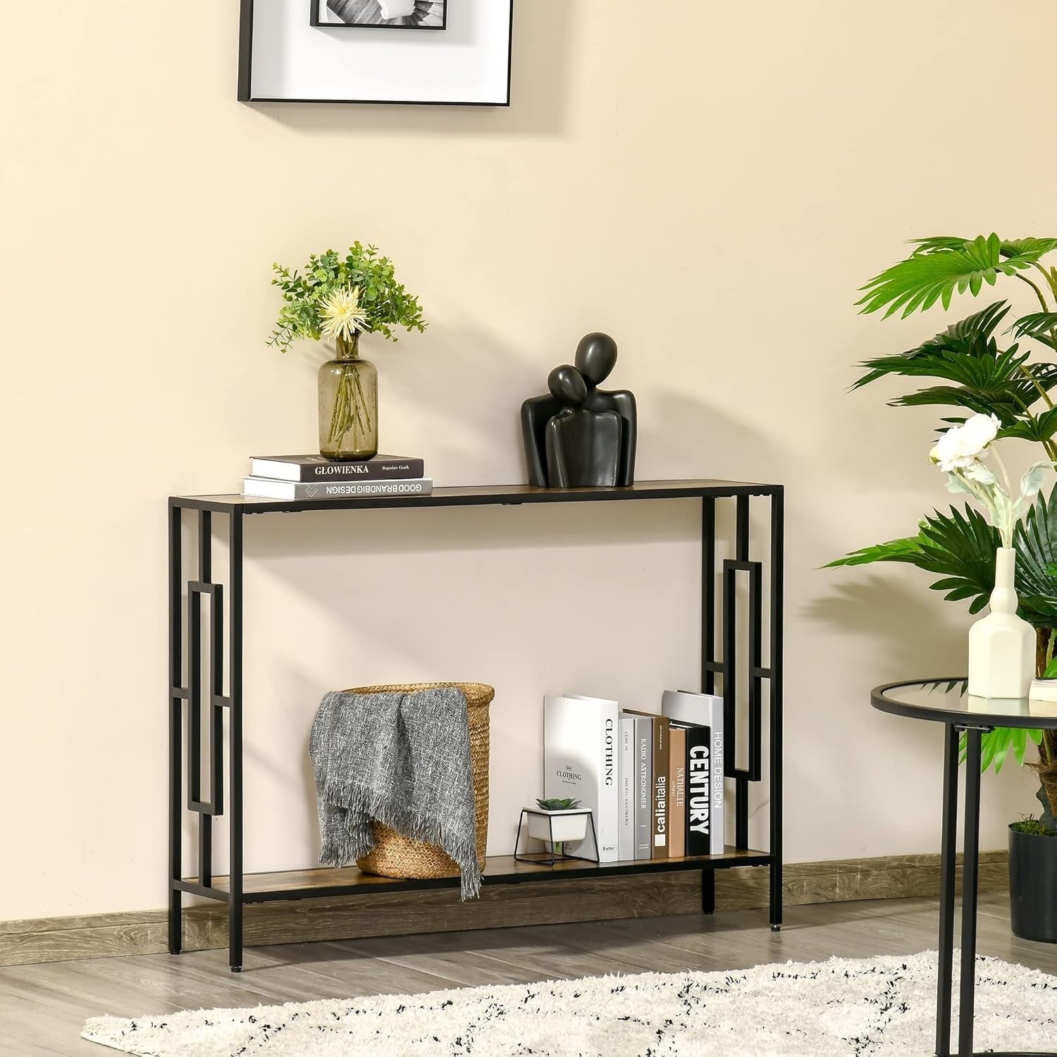 Industrial Console Table with Shelf Metal Frame | Slim Desk for Hallway