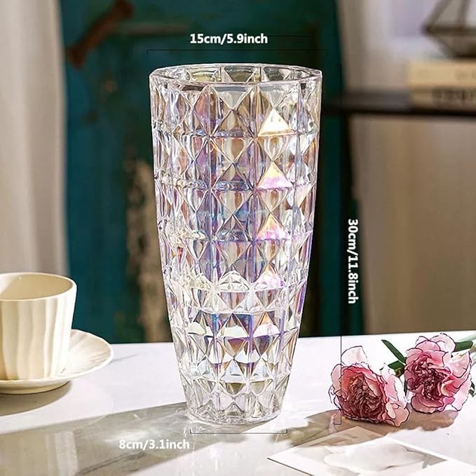 Diamond Cut Glass Vase Tall Crystal Style Flower Vase Luxury Home Decor