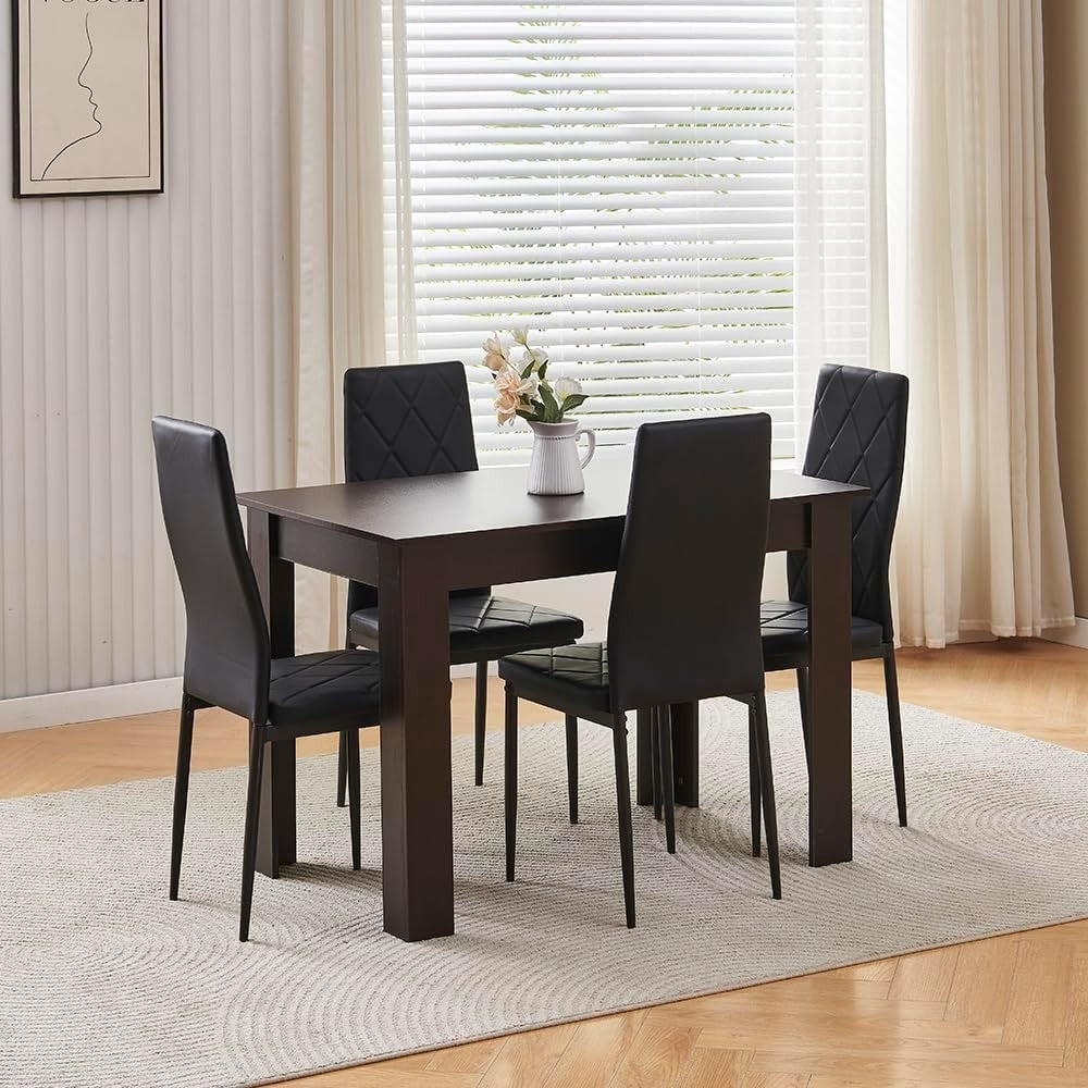 Modern 5 Piece Dining Table Set with 4 Black Leather Chairs for Kitchen