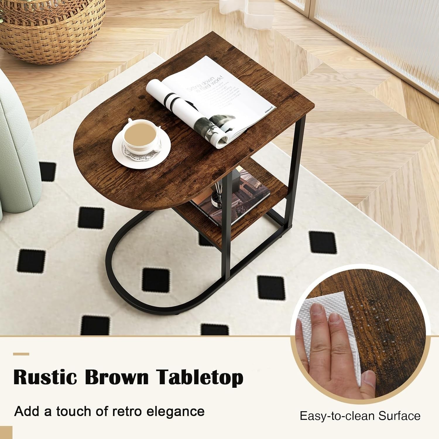 Rustic Brown C-Shaped Side Table with Shelf – Industrial Sofa Laptop Stand