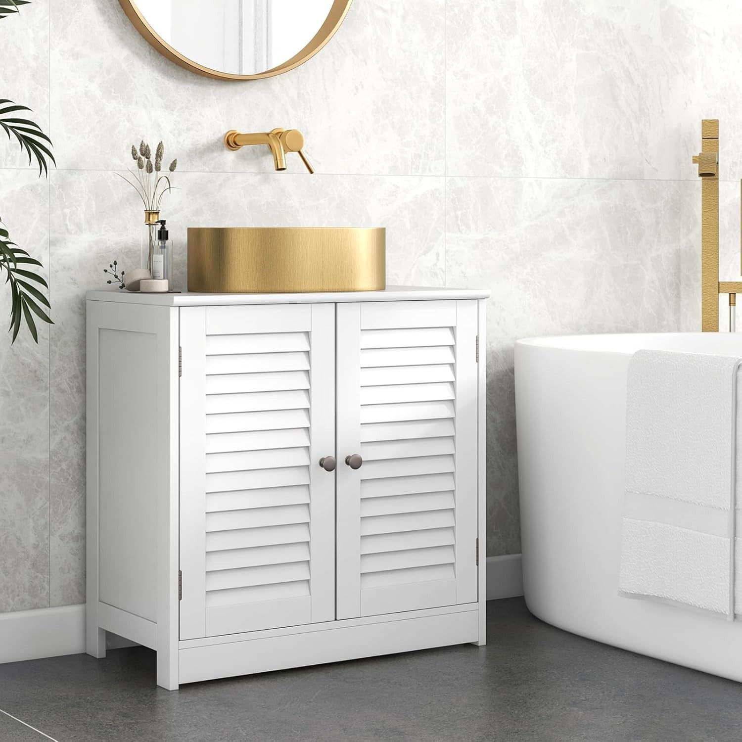 White Under Sink Bathroom Cabinet – 2 Shutter Doors Storage Unit 60x30x60cm