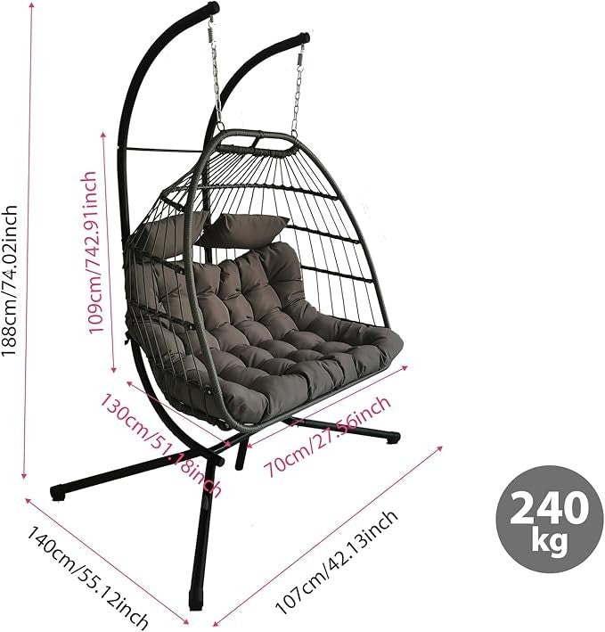 Foldable Double Egg Swing Chair with Stand, Rattan Hammock Seat, 240kg Capacity
