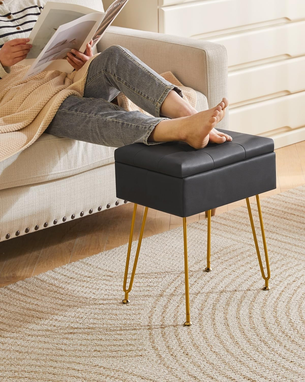 Black PU Leather Vanity Stool with Storage & Flip Tabletop – Metal Legs