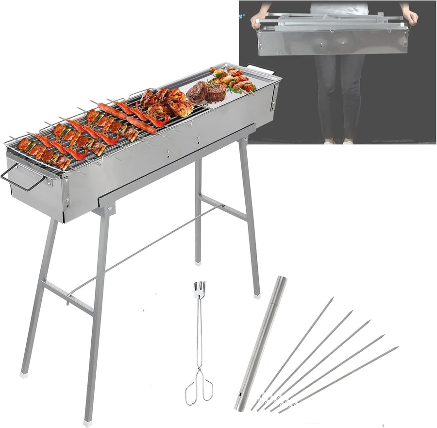 Portable Stainless Steel Charcoal BBQ Grill Folding Stand + 25 Kebab Skewers