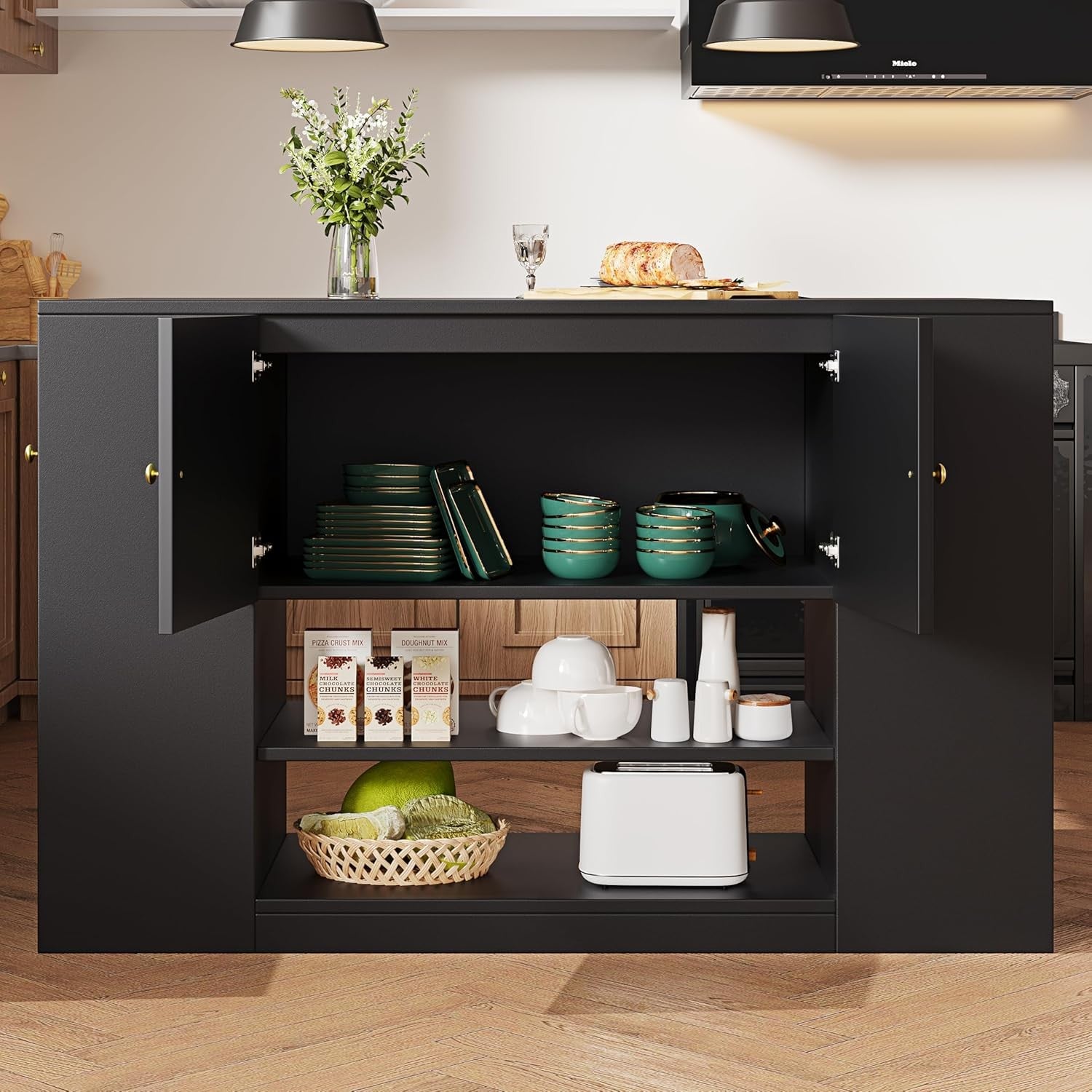 Kitchen Island with Fold Out Table, Storage Cabinet & Drawers, Black
