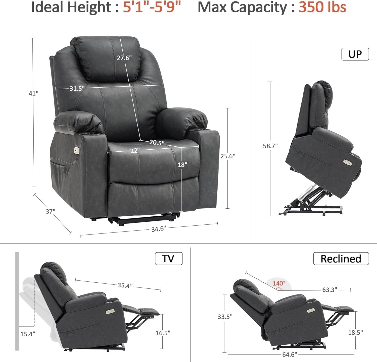 Grey Riser Recliner Chair Lift Assist Heated Massage USB Faux Leather
