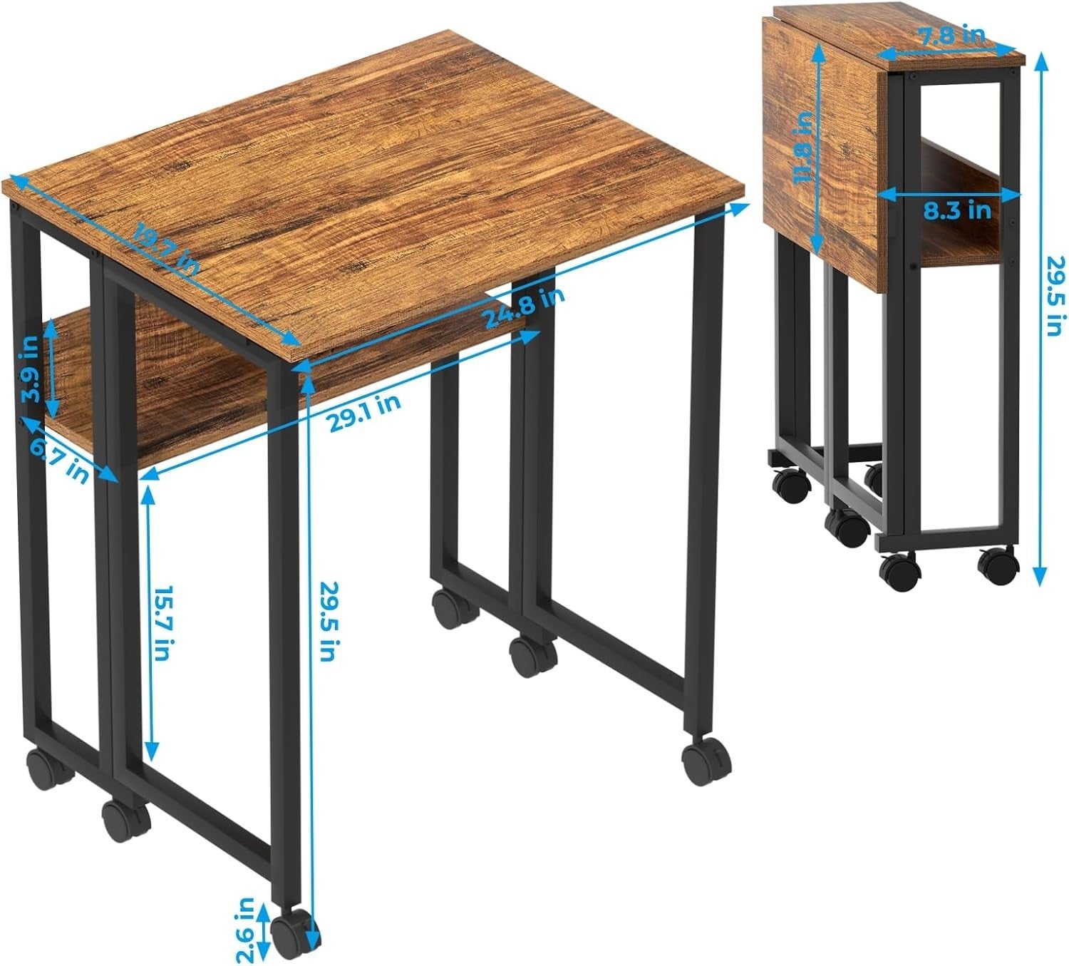Folding Desk with Shelf & Wheels 31.5" Compact Walnut Rolling Computer Table