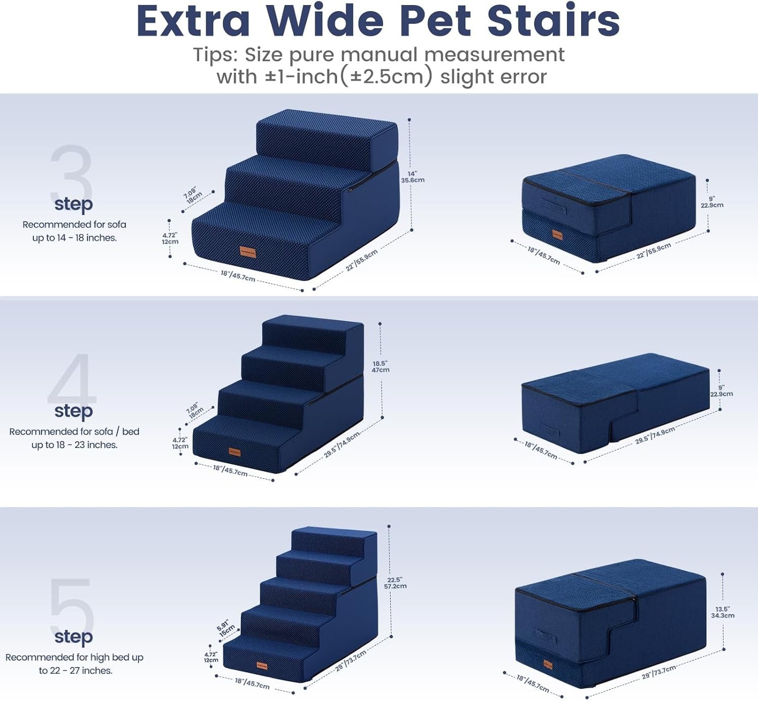 3-Step Extra Wide Dog Stairs for Sofa & Bed Non-Slip Navy 35cm H