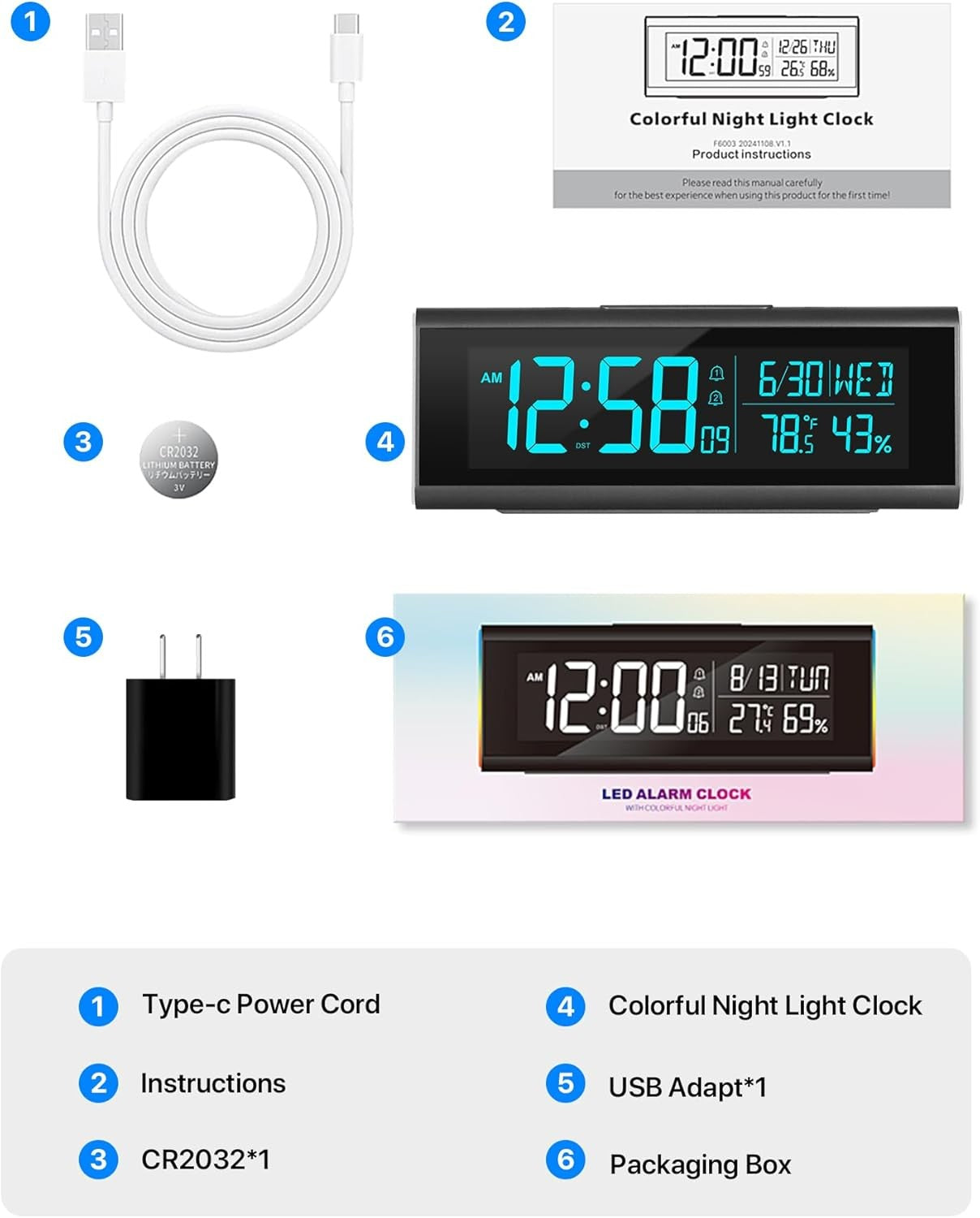 Large LED Alarm Clock Color Night Light Temperature Display Heavy Sleepers