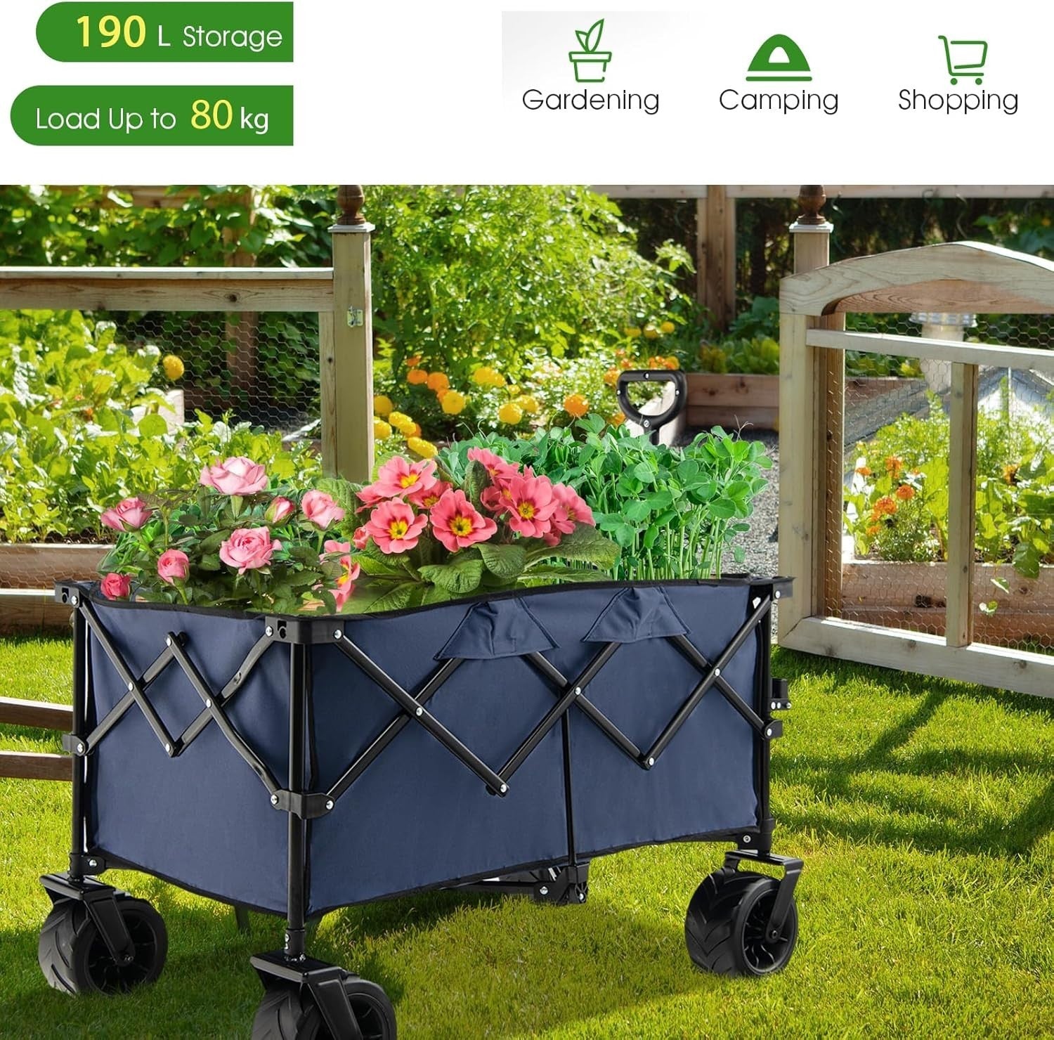 Blue Foldable Wagon Cart Collapsible Garden Utility Trolley w/ Adjustable Handle
