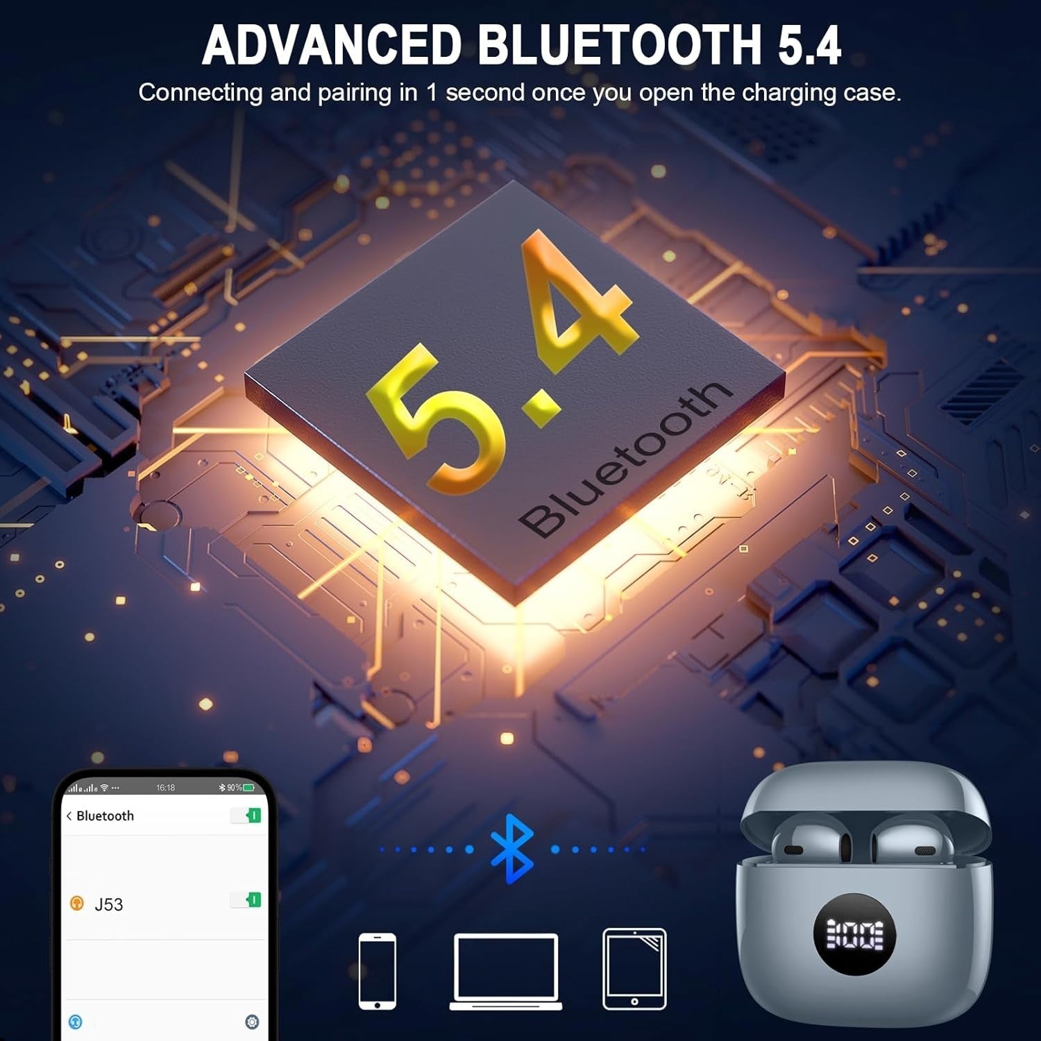 Bluetooth 5.4 Earbuds Gray ANC ENC Mic 40H Deep Bass Touch IP7