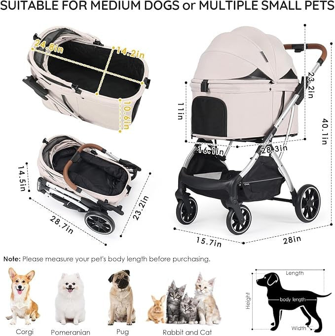 Luxury Dog Stroller Foldable Pet Pushchair Pram Medium Dogs 60lb Cup Holder