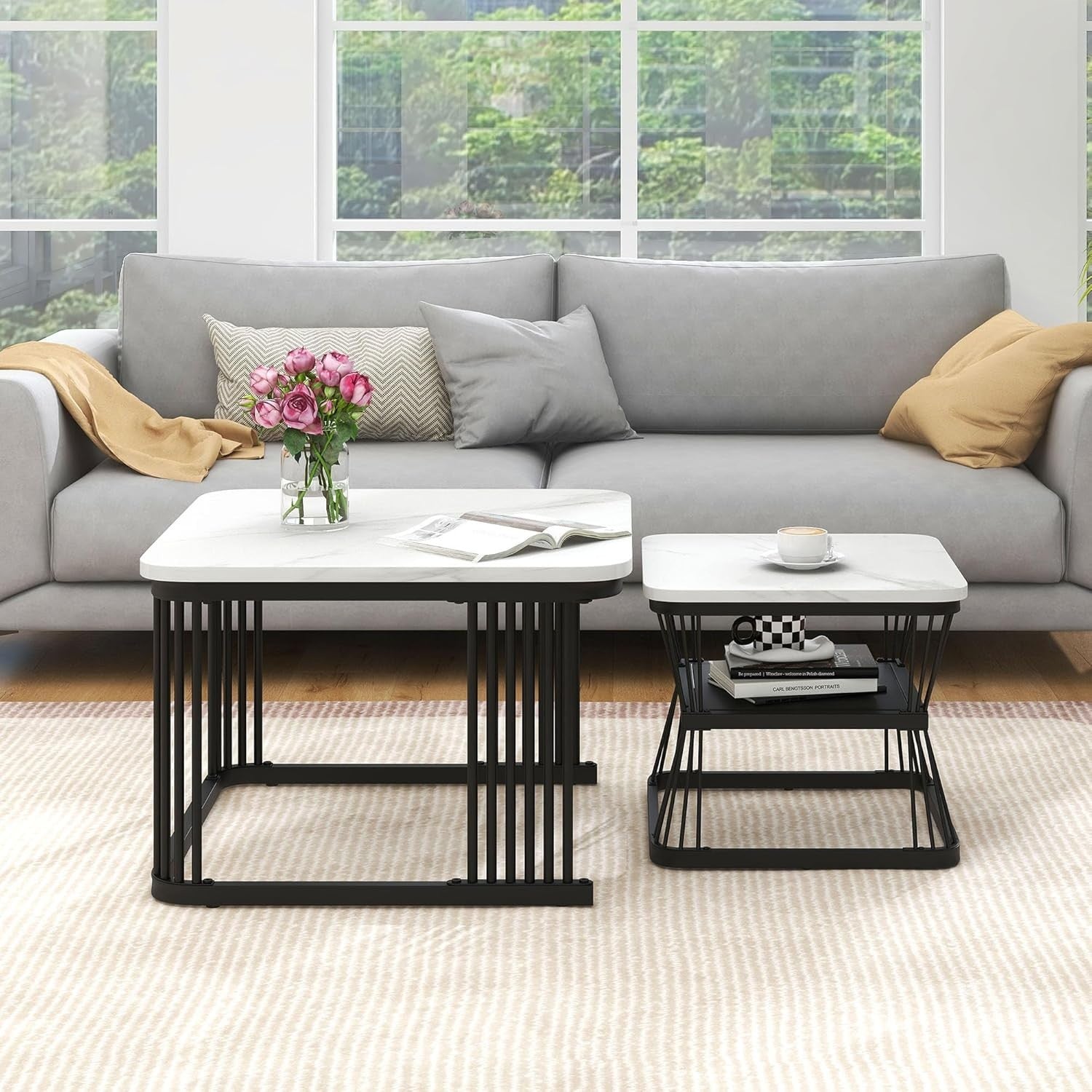 Nesting Coffee Table Set of 2 Square Modern End Side Tables Wood Top Metal Frame