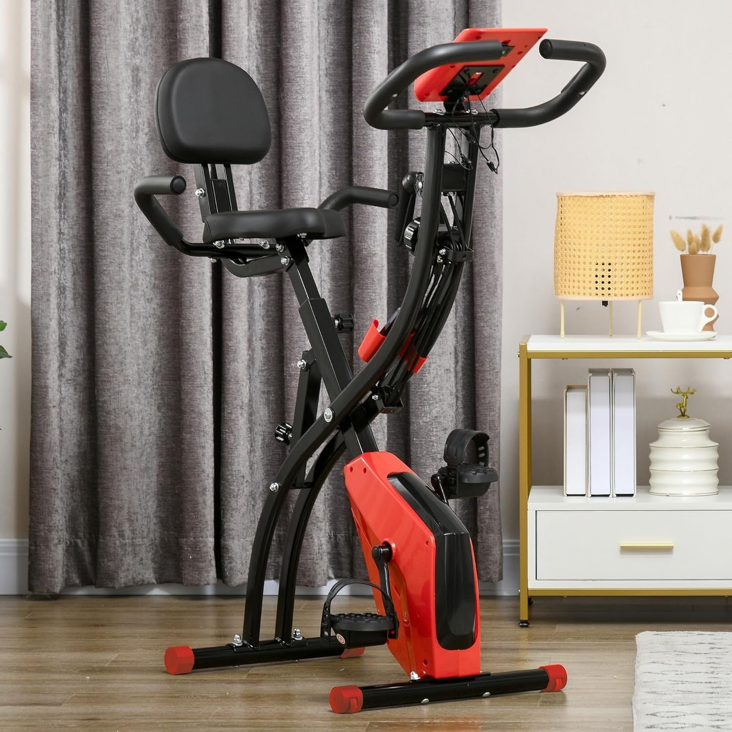 Wine Red 3-in-1 Folding Exercise Bike Magnetic Resistance LCD Pulse Bands