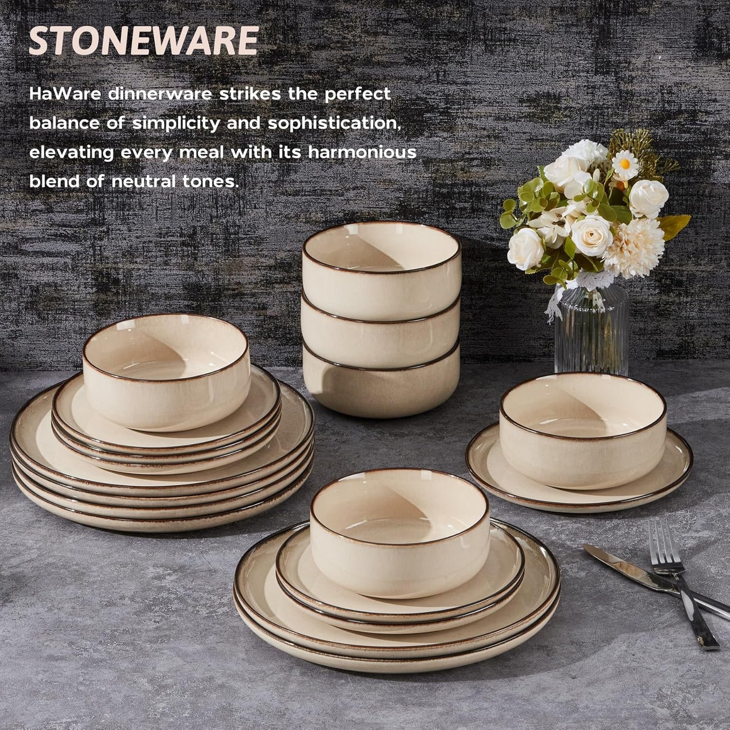 18pc Stoneware Dinner Set for 6 Cream Plates Bowls Microwave Safe