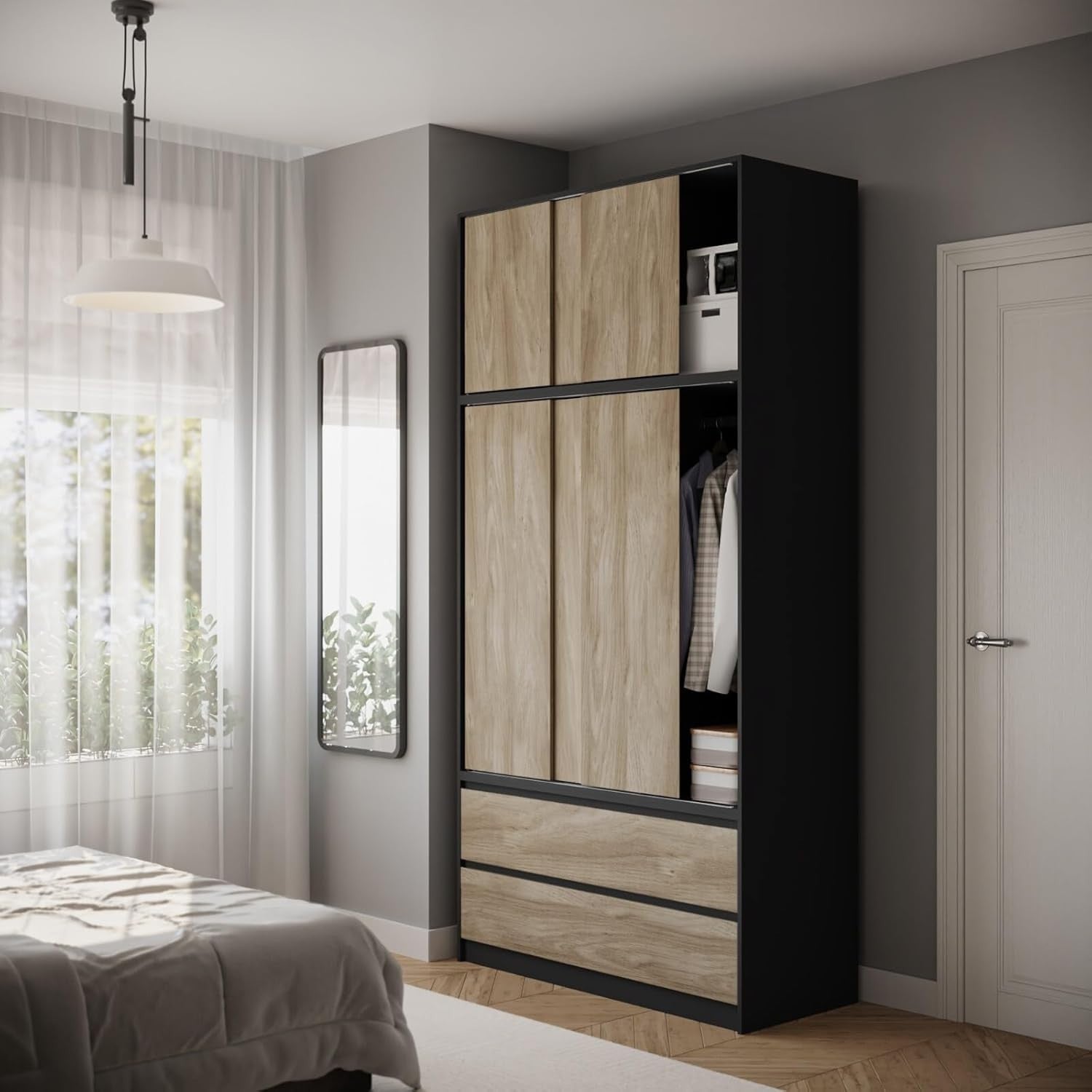 Oak Sliding Door Wardrobe 6 Doors 4 Drawers 240cm Modern Bedroom Closet