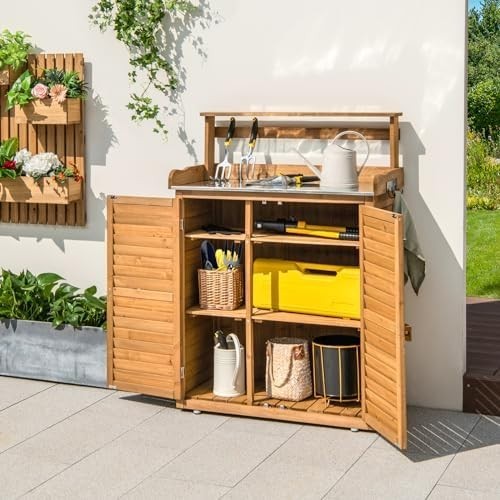 Wooden Garden Shed 87x45x120cm Outdoor Tool Storage Cabinet Natural