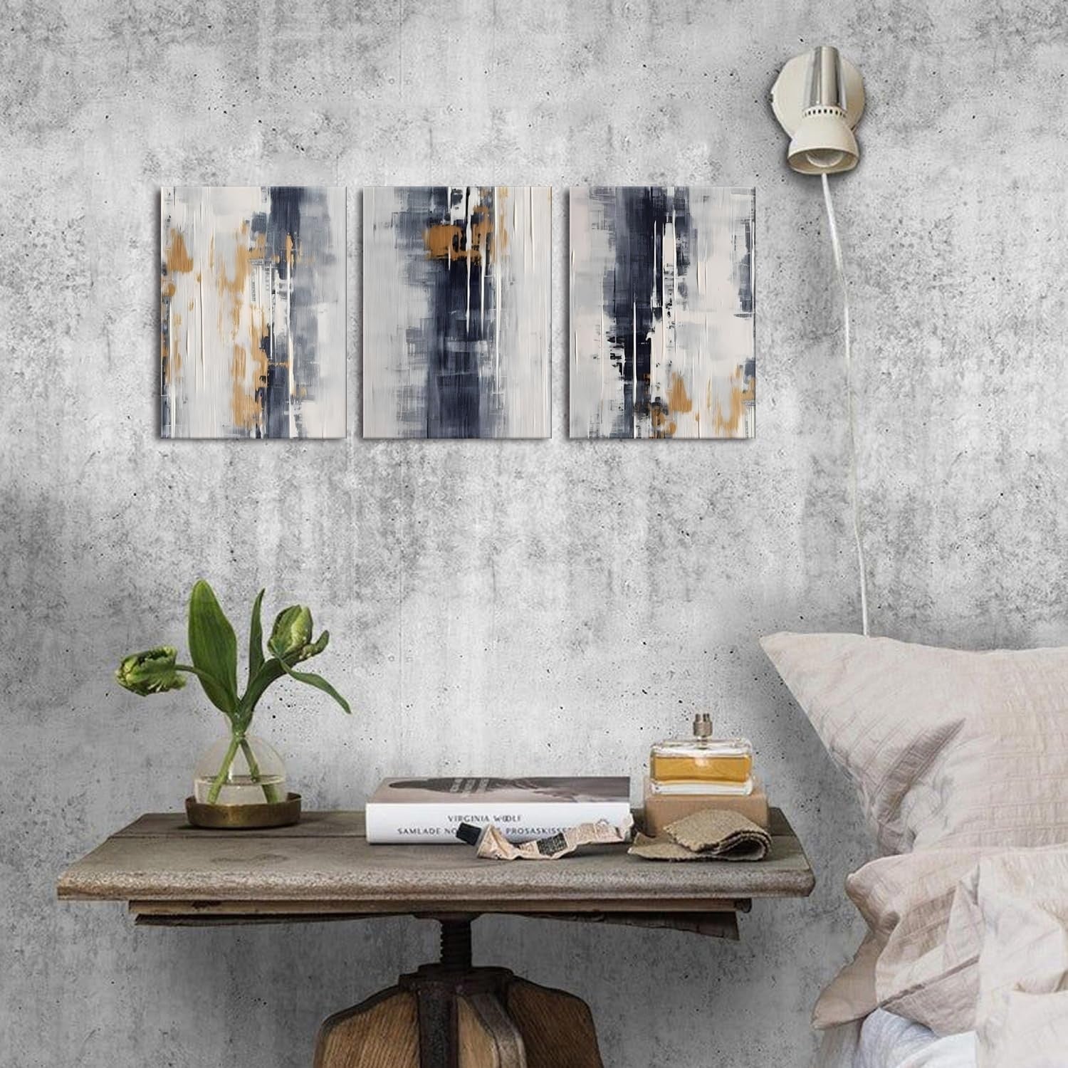 Set of 3 Grey Abstract Canvas Wall Art Gold Black 40x30cm