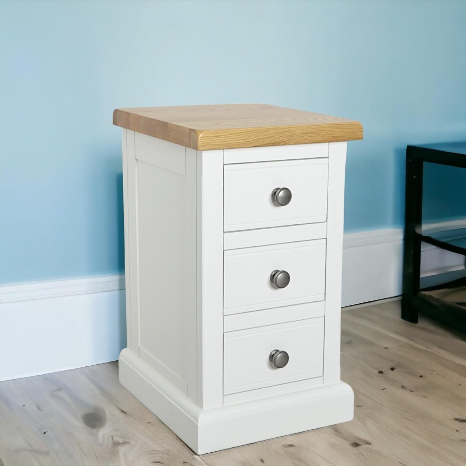 Painted White Bedside Table with 3 Drawers – Solid Wood Slim Oak Top