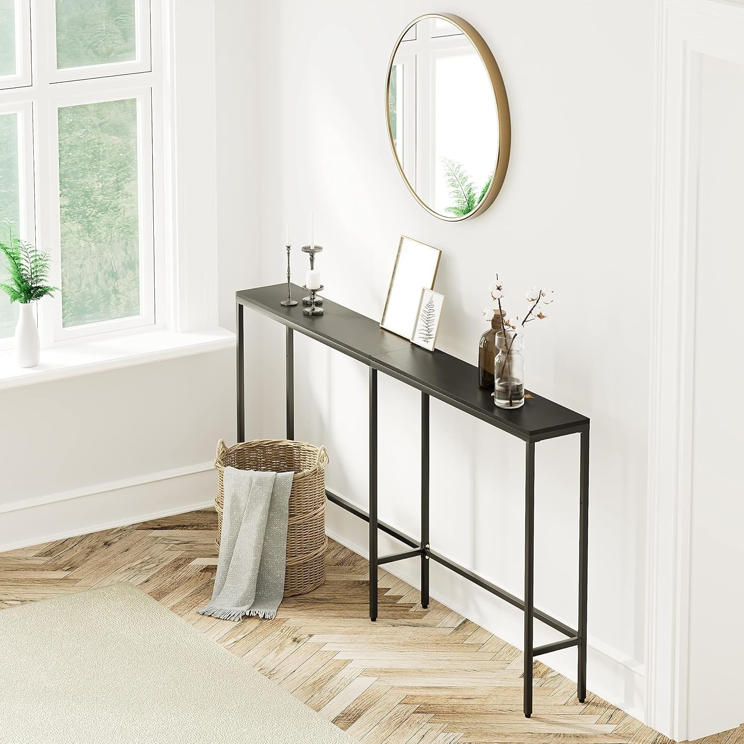 Slim Console Table Black Metal Frame Narrow Hallway Shelf 160cm Modern