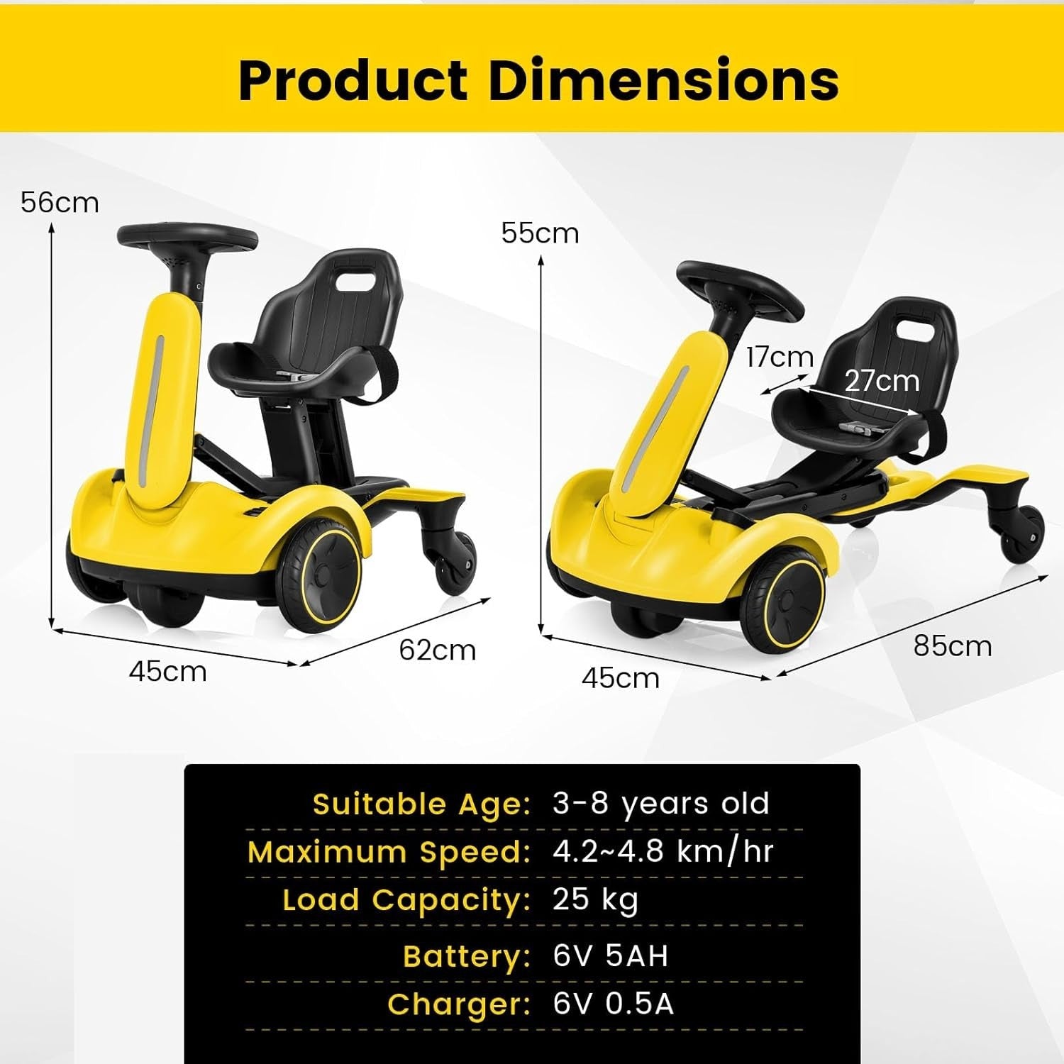 Kids Electric Racing Kart 6V 360° Drift Car Adjustable Seat Yellow 3-8Y