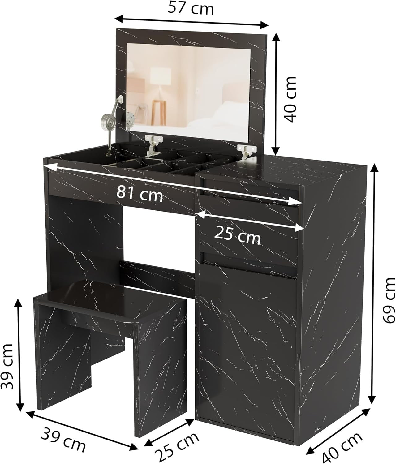2-in-1 Vanity Desk Makeup Table Flip Mirror Storage Stool Black Marble Wood
