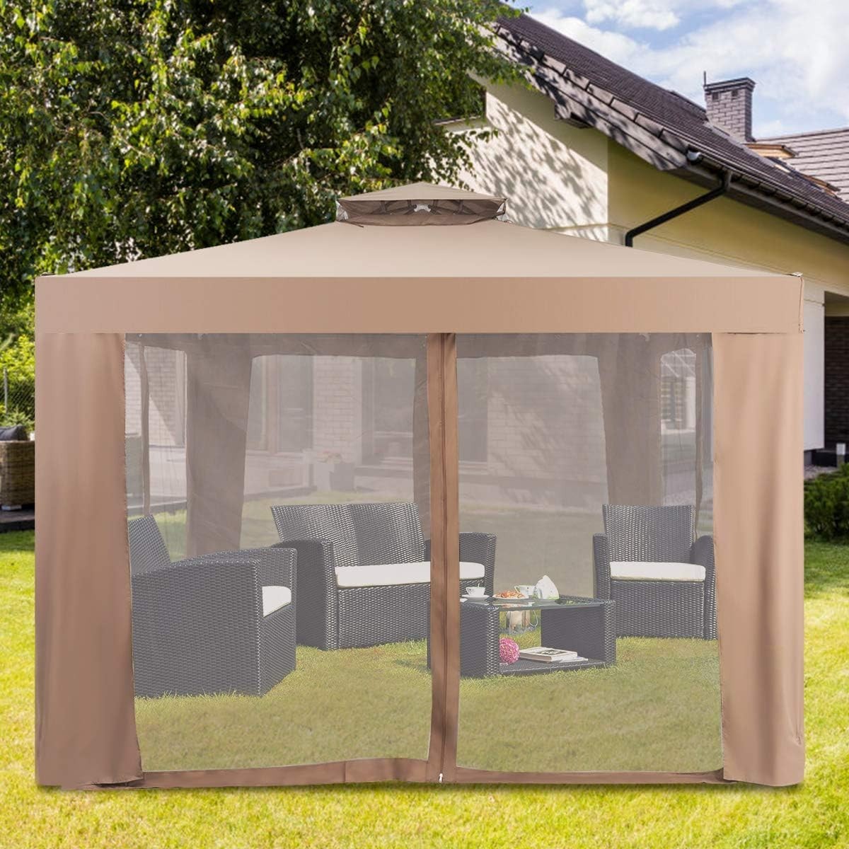 3x3M Brown Outdoor Gazebo With Zipped Mesh Sidewalls Double Roof Patio Tent