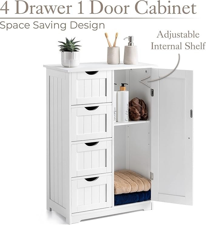 White Wooden Bathroom Cabinet with 4 Drawers & Cupboard 30x56x82cm Storage